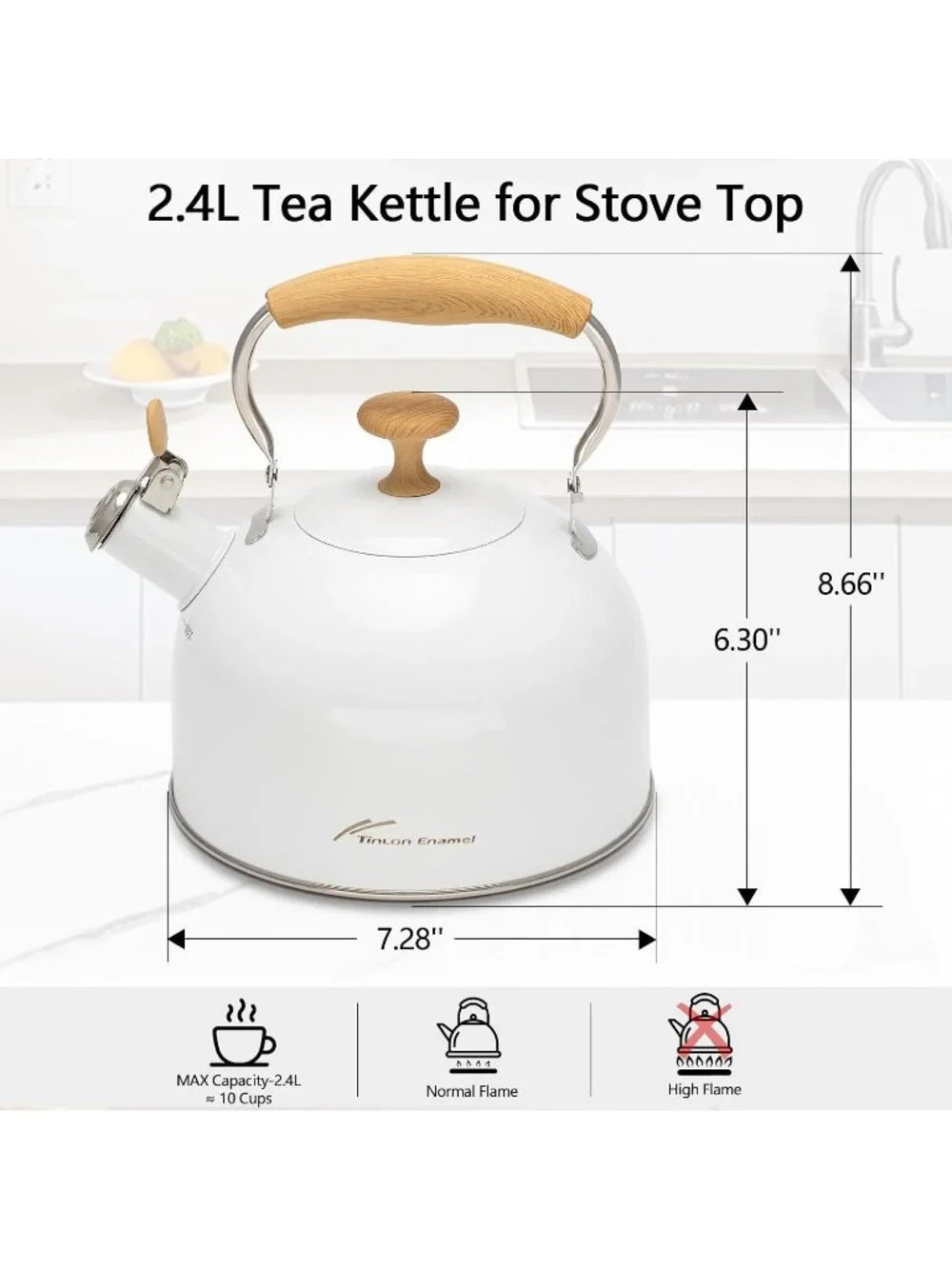 White Stainless Steel Whistling Tea Kettle 2.4L Stovetop Induction Gas Handle